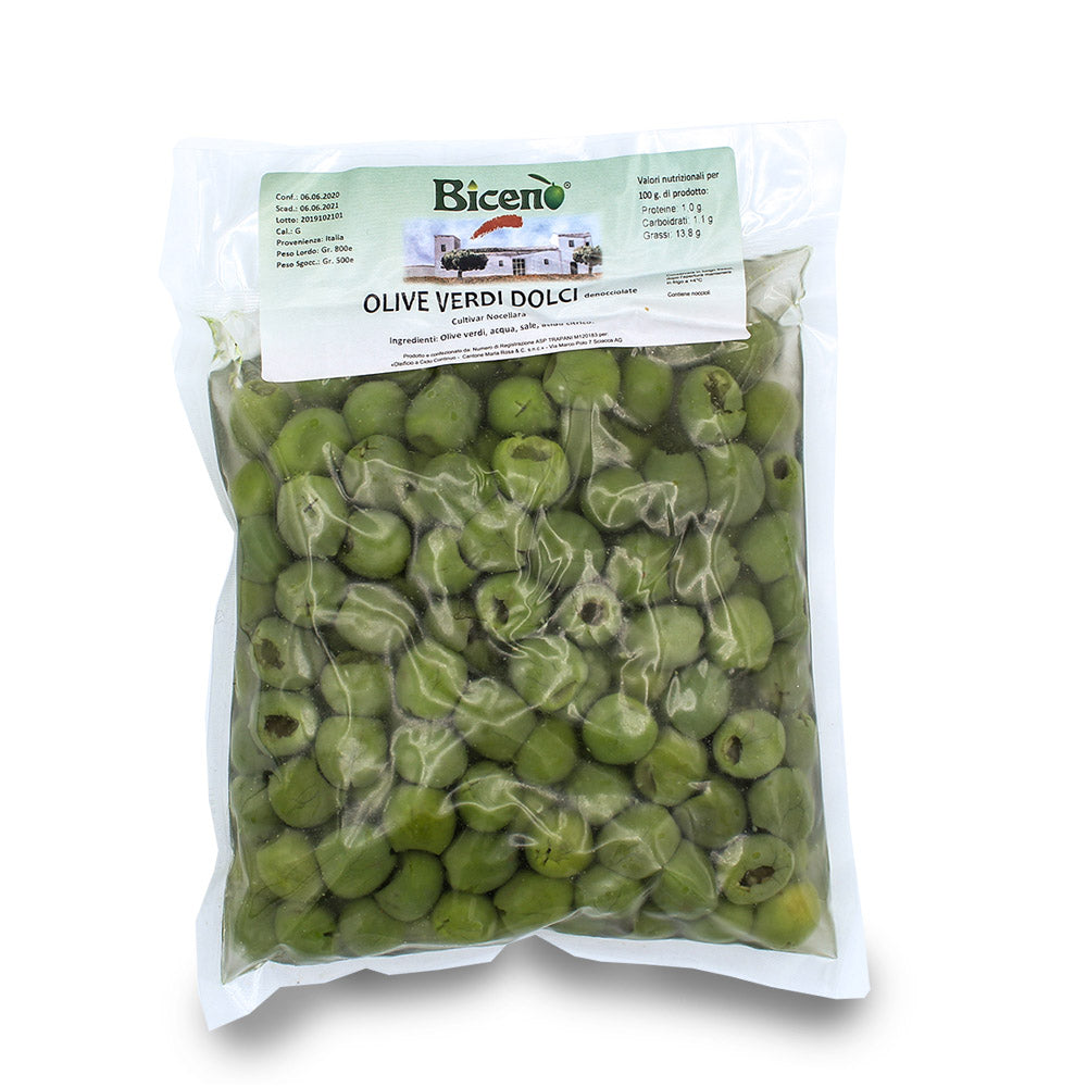 Pitted Nocellara sweet green olives · 500g